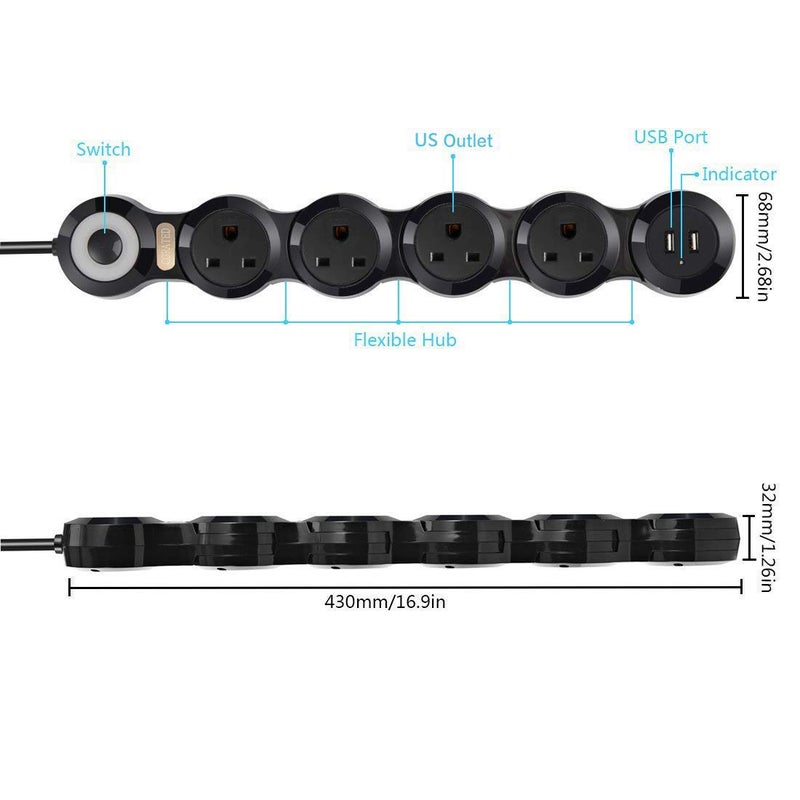 CORATED Flexible Surge Protector Power Strip with 2 USB Ports and 4 Outlets for Home, Office and Travel (9Ft Long Cord, White) - Image 3